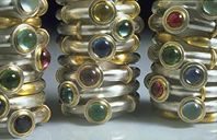 Stacks of rings Silver, 22ct gold, precious and semi-precious stones. 1996.
