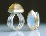 Rings. Silver, 22ct gold, moonstone & beryl. 2000.